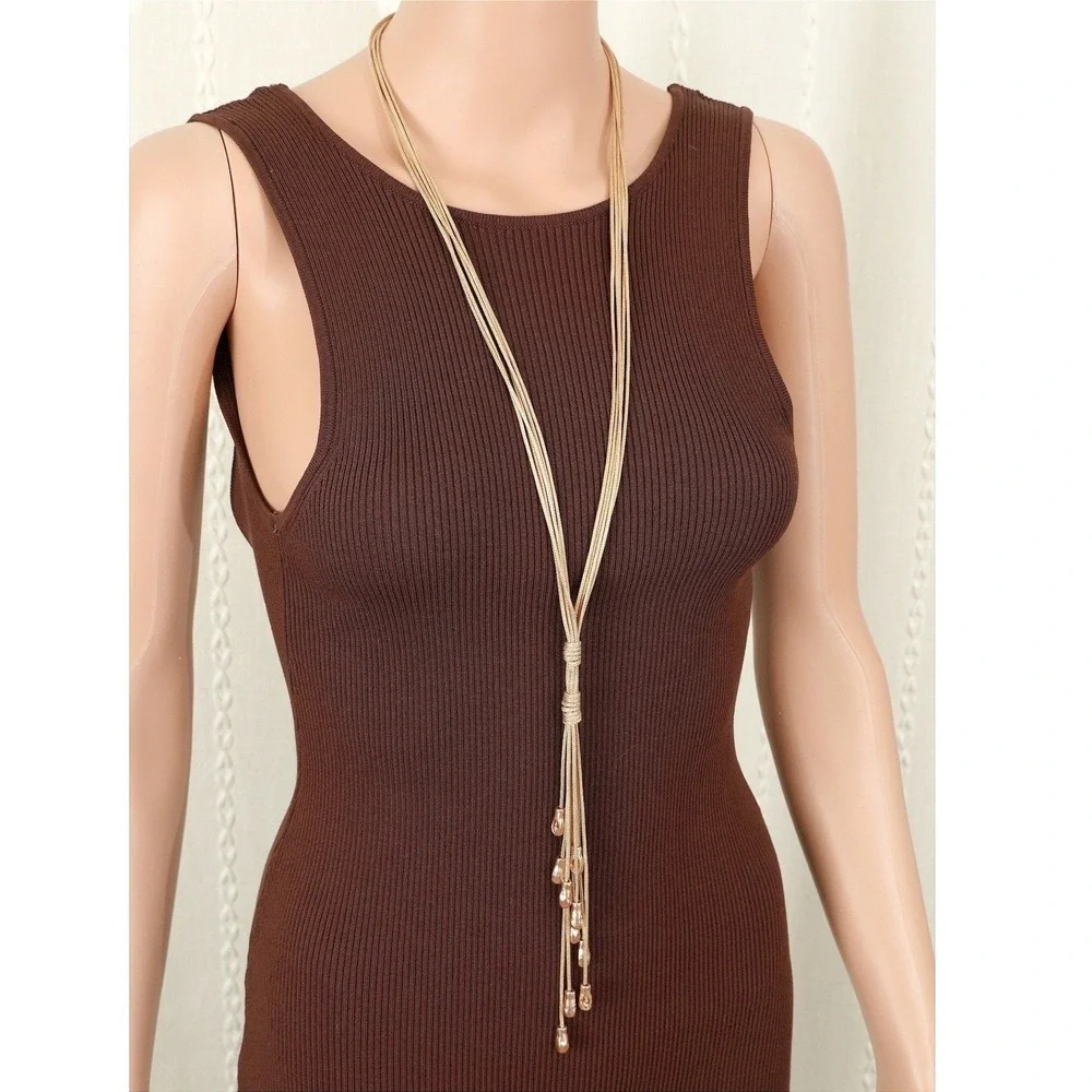 Gold Multi-Strand Cord Lariat Tassel Necklace‎